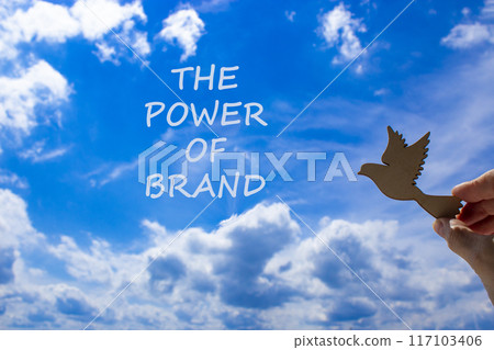 The power of brand symbol. Concept words The power of brand. Beautiful blue sky cloud background. Voter hand with wooden bird. Business the power of brand concept. Copy space. 117103406