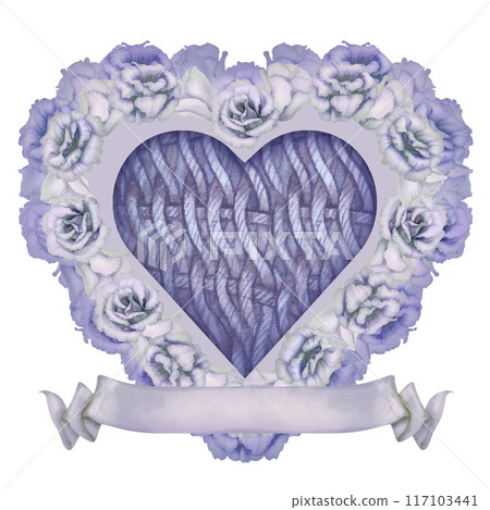 Wicker watercolor heart in a floral wreath of blue flowers with blank ribbon banner for text. Romantic decorative love symbol isolated on white background for wedding sticker, label, scrapbook, logo Wicker watercolor heart in a floral wreath of blue flowers with blank ribbon banner for text. Romantic decorative love symbol isolated on white background for wedding sticker, label, scrapbook, logo 117103441