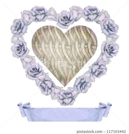 Wicker watercolor heart in a floral wreath of blue flowers with blank ribbon banner for text. Romantic decorative love symbol isolated on white background for wedding sticker, label, scrapbook, logo Wicker watercolor heart in a floral wreath of blue flowers with blank ribbon banner for text. Romantic decorative love symbol isolated on white background for wedding sticker, label, scrapbook, logo 117103442