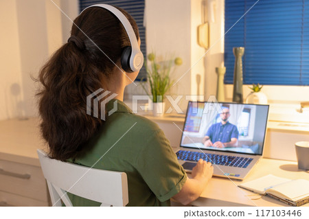 Back view of young woman working at laptop and wearing headphones. Freelance and online education. Remote video consultation with psychotherapist 117103446