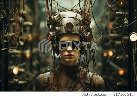 retro portrait of a girl in the art style of dieselpunk or steampunk, on an abstract background of machines and wires and devices 117103513
