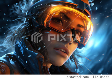 portrait of a beautiful woman in yellow safety glasses and yellow clothes on a dynamic dark background with lights and light particles 117103536