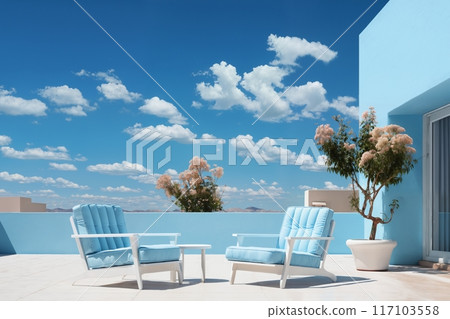 a beautiful interior on an open balcony or roof, an armchair and plants against a background of blue sky with clouds, a place for rest and relaxation 117103558