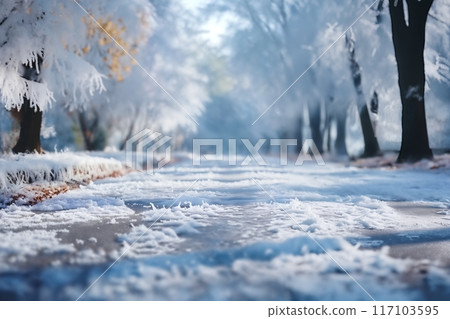 the road in winter, beautiful view, snow and frost with bright sunlight 117103595