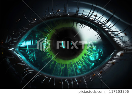 artificial eye closeup, augmented cyber reality and digital vision of the future and information processing 117103596