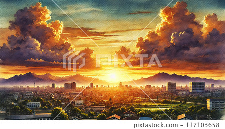 A cityscape with the sun setting over a distant mountain 117103658