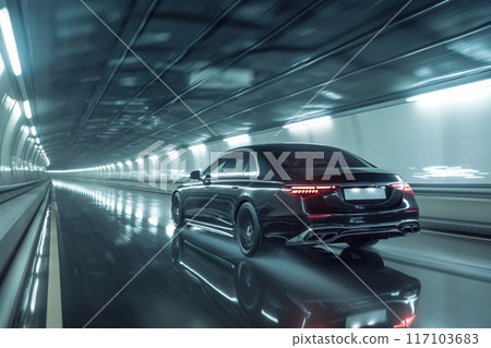 Sleek luxury car speeds through an illuminated tunnel, capturing motion and urban dynamism 117103683