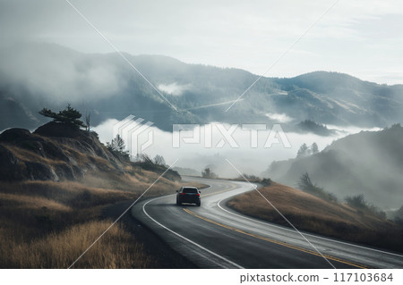 A lone car travels on a winding road through a foggy mountain landscape 117103684