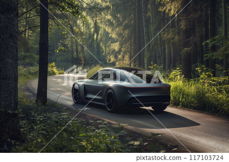 A sleek electric vehicle parked on a serene forest road with soft sunlight filtering through trees A sleek electric vehicle parked on a serene forest road with soft sunlight filtering through trees 117103724