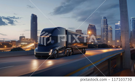 Autonomous electric semi-truck driving on an urban bridge against a twilight cityscape 117103730