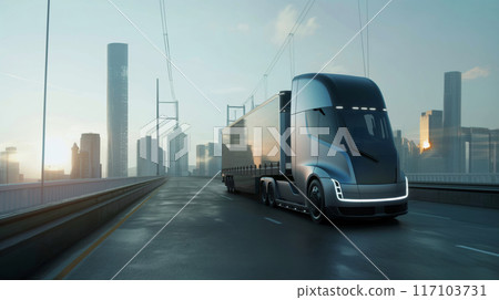 Sleek electric semi truck driving on a city bridge during a vibrant sunrise, symbolizing sustainable transport 117103731