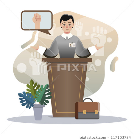 Politician giving speech on stage about revolution, power to the people and human rights Politician giving speech on stage about revolution, power to the people and human rights 117103784