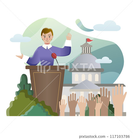 Politician giving a speech in front of government building is greeting cheering crowd raising hands 117103786