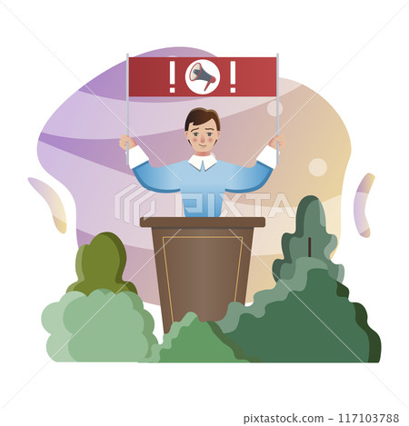 Politician giving a speech holding banner with megaphone symbol at tribune Politician giving a speech holding banner with megaphone symbol at tribune 117103788