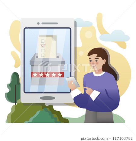 Woman voting online using smartphone app for election with electronic ballot box on screen 117103792