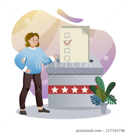 Young woman putting ballot paper in vote box during elections Young woman putting ballot paper in vote box during elections 117103796