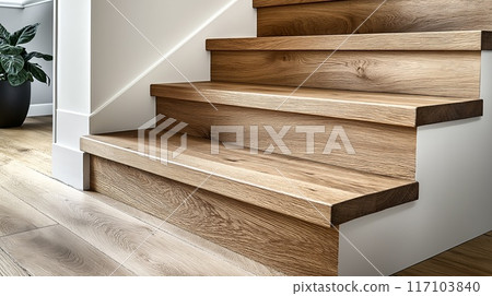 Wooden stairs in the modern interior, closeup 117103840