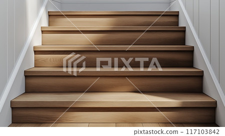 Wooden stairs in the modern interior, closeup 117103842