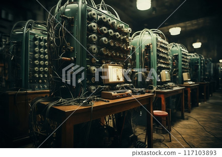 retro analog devices for industry and scientific research and measurements, in the interior of a factory laboratory, the concept of retro futurism lamp electronics 117103893