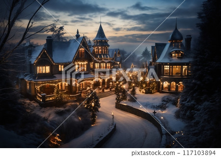 village street in winter season decorated for Christmas or New Year holiday, beautiful view of exteriors of houses , snow, sunset, street lights, festive environment 117103894