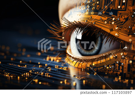 the human eye with an implant in the form of an electronic digital board, the concept of augmented reality and computer vision of the future, information processing, artificial intelligence 117103897