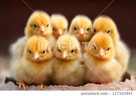 Small chickens against the background of spring nature on Easter, in a bright sunny day at a ranch in a village. 117103941