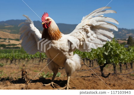 Portrait of a big rooster flapping its wings on a ranch in the village, rural surroundings against the background of spring nature Portrait of a big rooster flapping its wings on a ranch in the village, rural surroundings against the background of spring nature 117103943