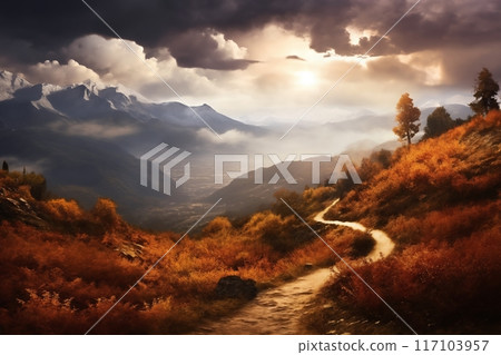a beautiful landscape with path and mountains at sunset, sunlight in a dramatic sky with clouds, beautiful nature 117103957