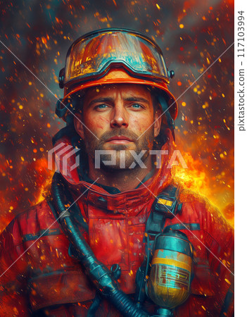 Close-up of a determined firefighter in full gear, surrounded by flames and embers 117103994