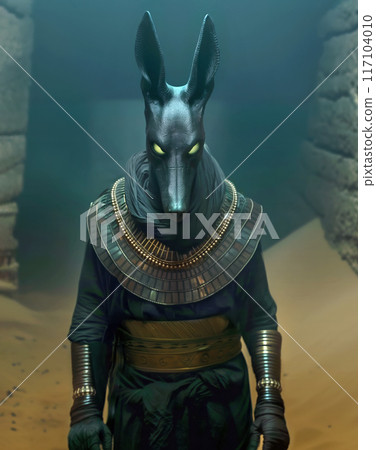 Ancient Egyptian god Anubis with glowing eyes in a dark tomb 117104010
