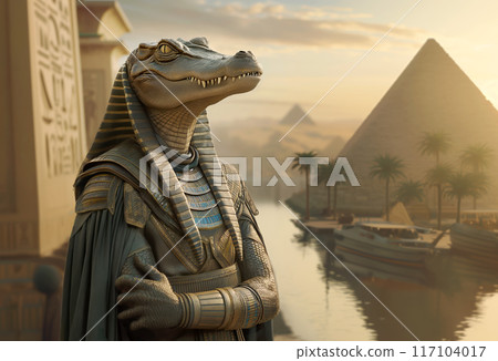 Crocodile-headed Egyptian god Sobek standing by the Nile, with pyramids in the background Crocodile-headed Egyptian god Sobek standing by the Nile, with pyramids in the background 117104017