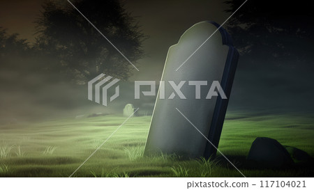 Close up of an unmarked tombstone in a misty, dark old cemetery with trees 117104021