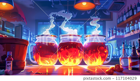 Bar scene with three steaming fiery of potion, Halloween decorations, and bottles on shelves 117104029