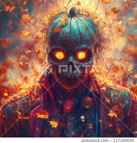 Fiery-eyed pumpkin-headed figure surrounded by glowing autumn leaves and branches 117104030