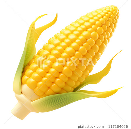 Single yellow corn cob with green leaves, illustration on a white background 117104036