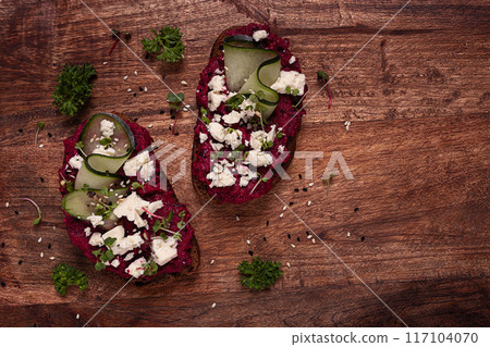 sandwiches with beetroot hummus, cucumber and blue cheese, microgreens, rye bread, breakfast, homemade, no people, 117104070
