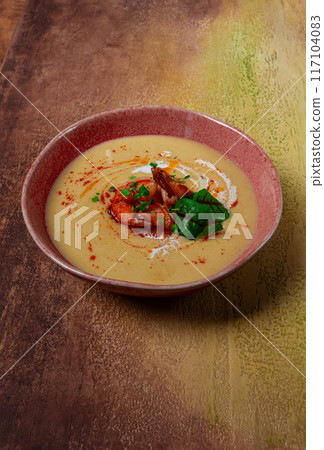 pumpkin cream soup with shrimp, herbs and spices, homemade, no people, pumpkin cream soup with shrimp, herbs and spices, homemade, no people, 117104083