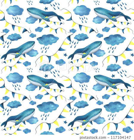 Turquoise whale in the clouds with a garland of flags among the clouds with raindrops. Watercolor illustration hand drawn in a simple childish style. Seamless pattern on a white background. 117104147