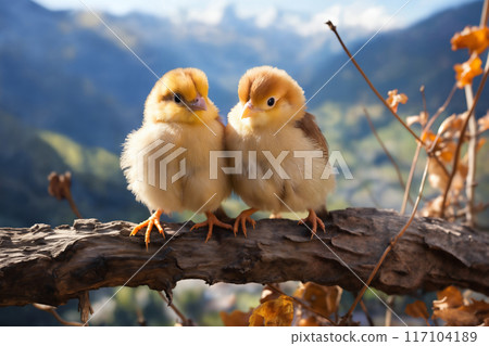 Portrait of small baby chickens on a branch, bright sunny day, on a ranch in the village, rural surroundings on the background of spring nature 117104189
