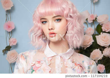 Portrait of a fashionable girl with pink hair and flowers decoration on a color background 117104219