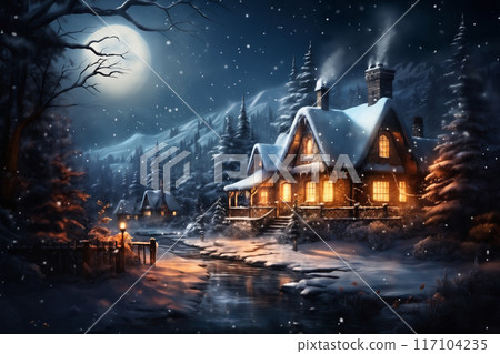 village street in winter season decorated for Christmas or New Year holiday, beautiful view of exteriors of houses , snow, sunset, street lights, festive environment 117104235