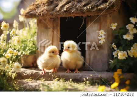 Small chickens against the background of spring nature on Easter, in a bright sunny day at a ranch in a village. Small chickens against the background of spring nature on Easter, in a bright sunny day at a ranch in a village. 117104238