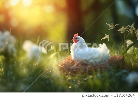 A hen sits in a nest and incubates her chicks... - Stock Illustration ...