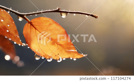 beautiful autumn landscape with yellow leaves with dew on the branches of trees in the forest at sunset, sunlight and beautiful nature 117104274