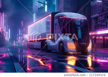 Neon-lit autonomous truck navigates a vibrant urban night scene, symbolizing future transportation 117104324