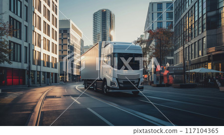 Futuristic electric truck navigates through city roads amongst high-rise buildings during golden hour 117104365