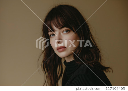 Professional studio photo showcasing a woman's modern bangs and brunette hair against a neutral background 117104405