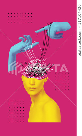 Abstract human brain and human hands, drawn style. Creative idea symbol, art design or collage. Mental Health concept 117104426