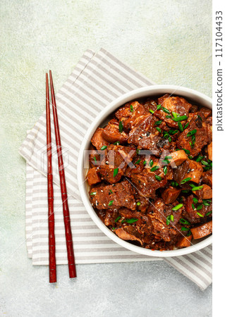 bulgogi, with mushrooms, with sesame seeds and green onions, Korean cuisine, homemade, no people, bulgogi, with mushrooms, with sesame seeds and green onions, Korean cuisine, homemade, no people, 117104433
