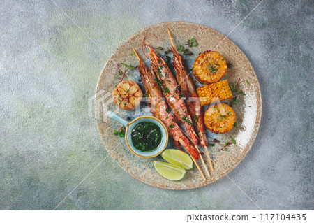 langoustines on skewers, shrimp kebab, with fried corn, spices and herbs, homemade, no people, langoustines on skewers, shrimp kebab, with fried corn, spices and herbs, homemade, no people, 117104435